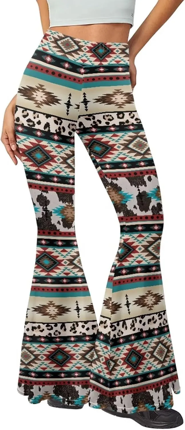 Women's 70S Yoga Pants Flare Ladies Hippie Flower Flared Leggings Athletic Leggings High Waisted Workout Pants