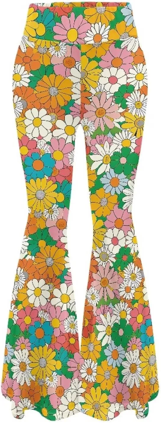 Women's 70S Yoga Pants Flare Ladies Hippie Flower Flared Leggings Athletic Leggings High Waisted Workout Pants