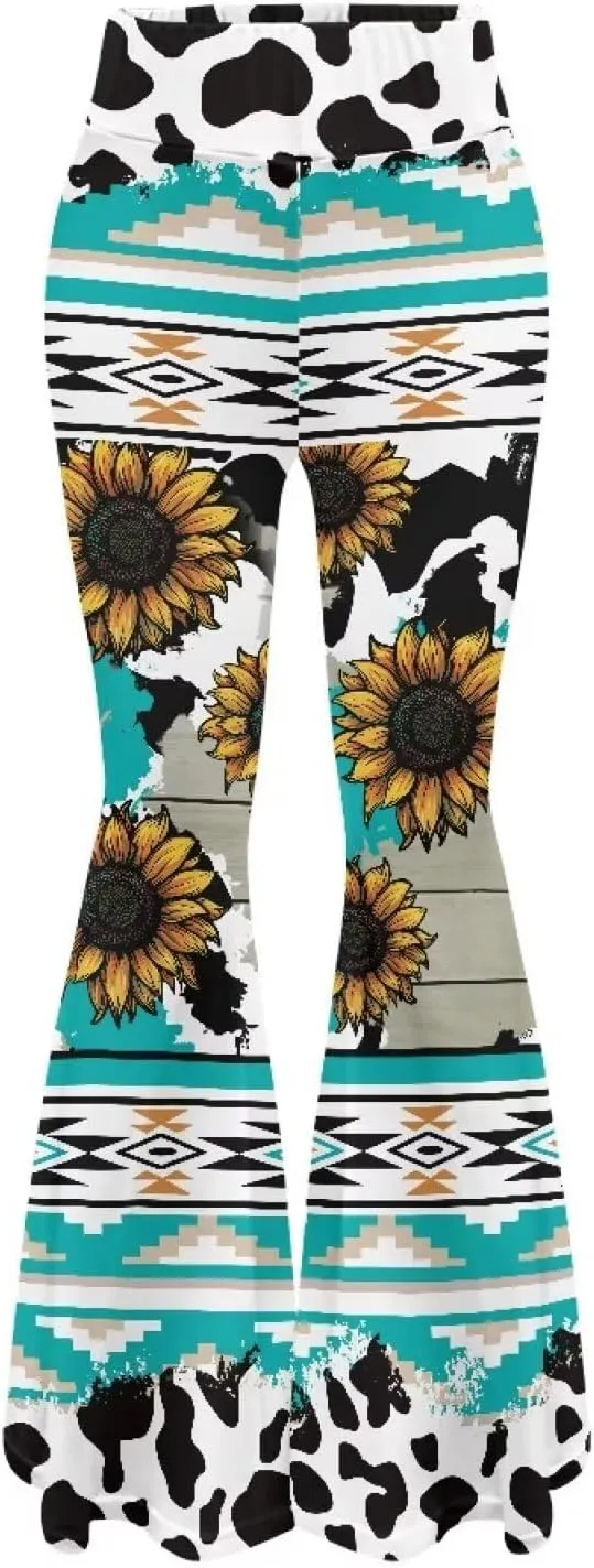 Women's 70S Yoga Pants Flare Ladies Hippie Flower Flared Leggings Athletic Leggings High Waisted Workout Pants