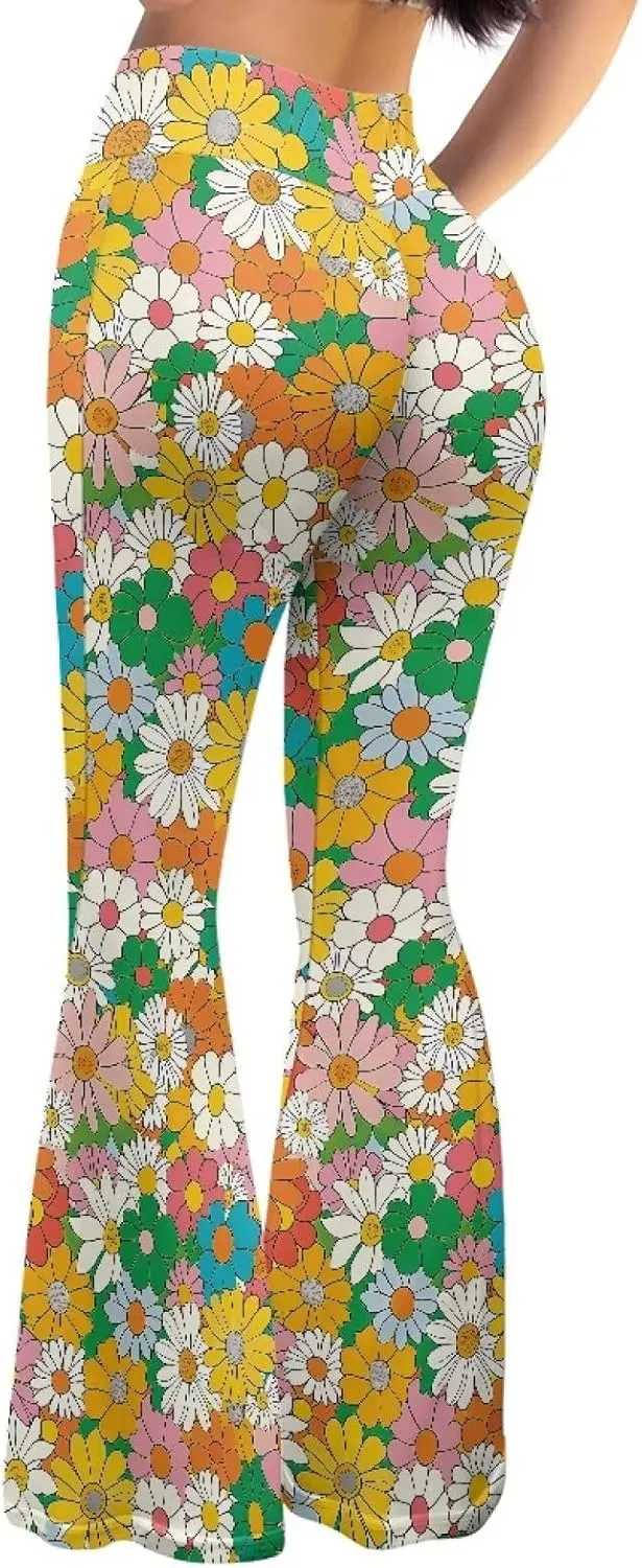 Women's 70S Yoga Pants Flare Ladies Hippie Flower Flared Leggings Athletic Leggings High Waisted Workout Pants