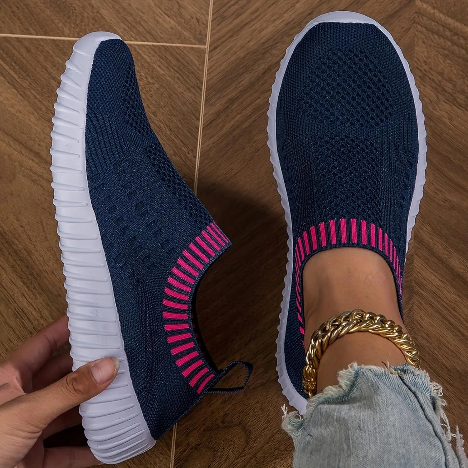 Women's Athletic Walking Shoes Slip On Casual Mesh Comfortable Tennis Workout Sneakers Shoes Sneakers Running Laceless Breathable Lightweight Mesh Knit Sock Glitter Rhinestone Jazz Latin Dance