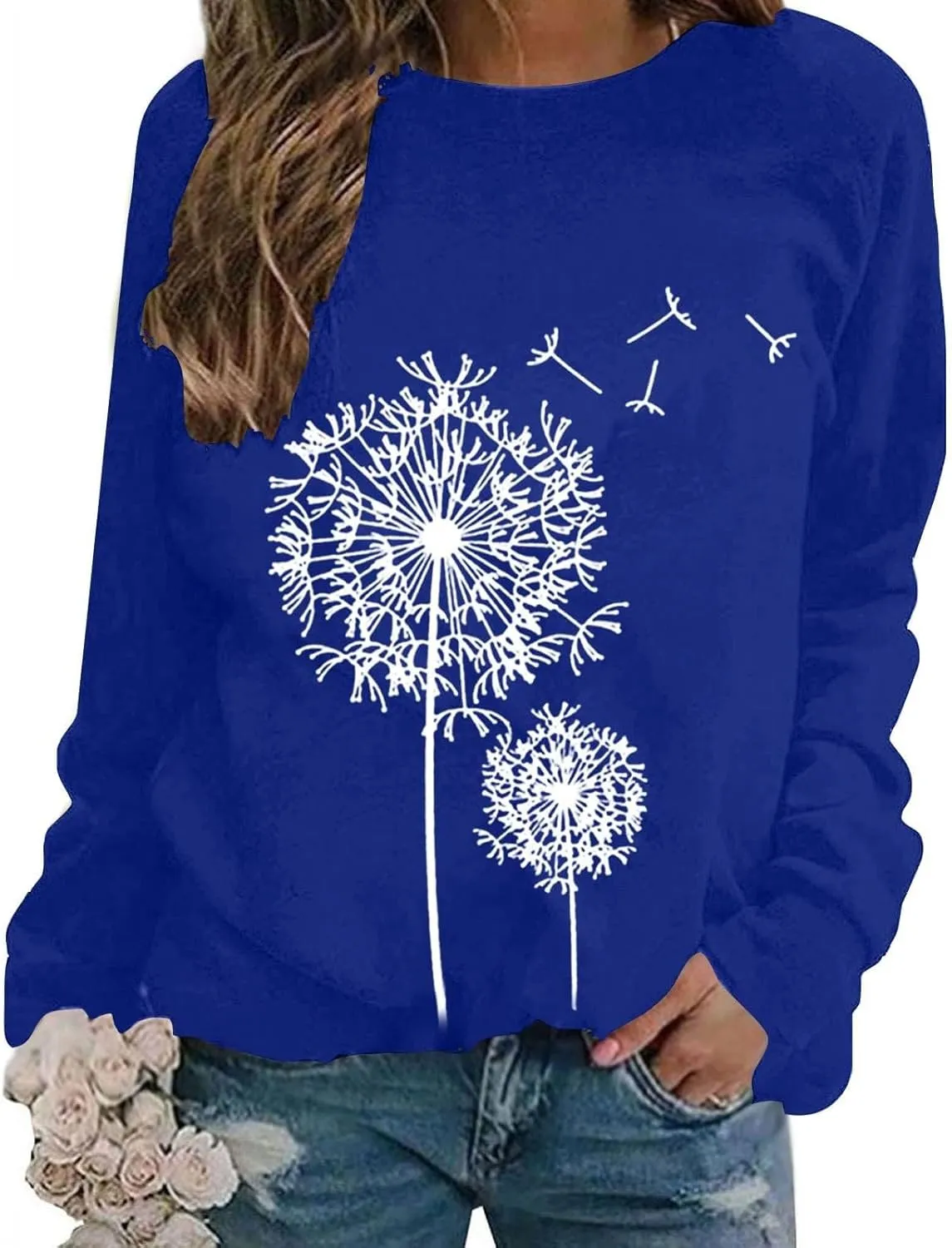 Women's Basic Hoddies Solid Color Cute Printed Loose Comfy Round Neck Long Sleeve Pullover Tunics Outdoor Running Tops