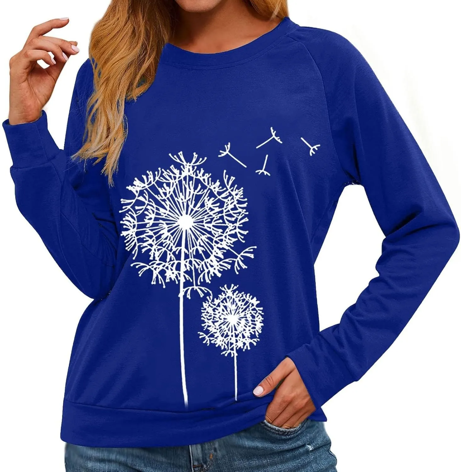 Women's Basic Hoddies Solid Color Cute Printed Loose Comfy Round Neck Long Sleeve Pullover Tunics Outdoor Running Tops