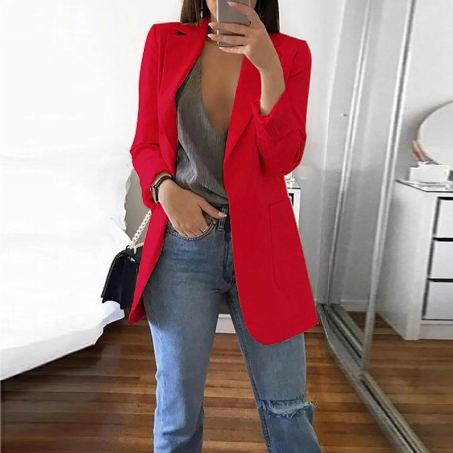 Womens Blazers Dressy Casual 2024 Spring Summer Work Office Jackets Long Sleeve Lapel Open Front Blazer with Pockets