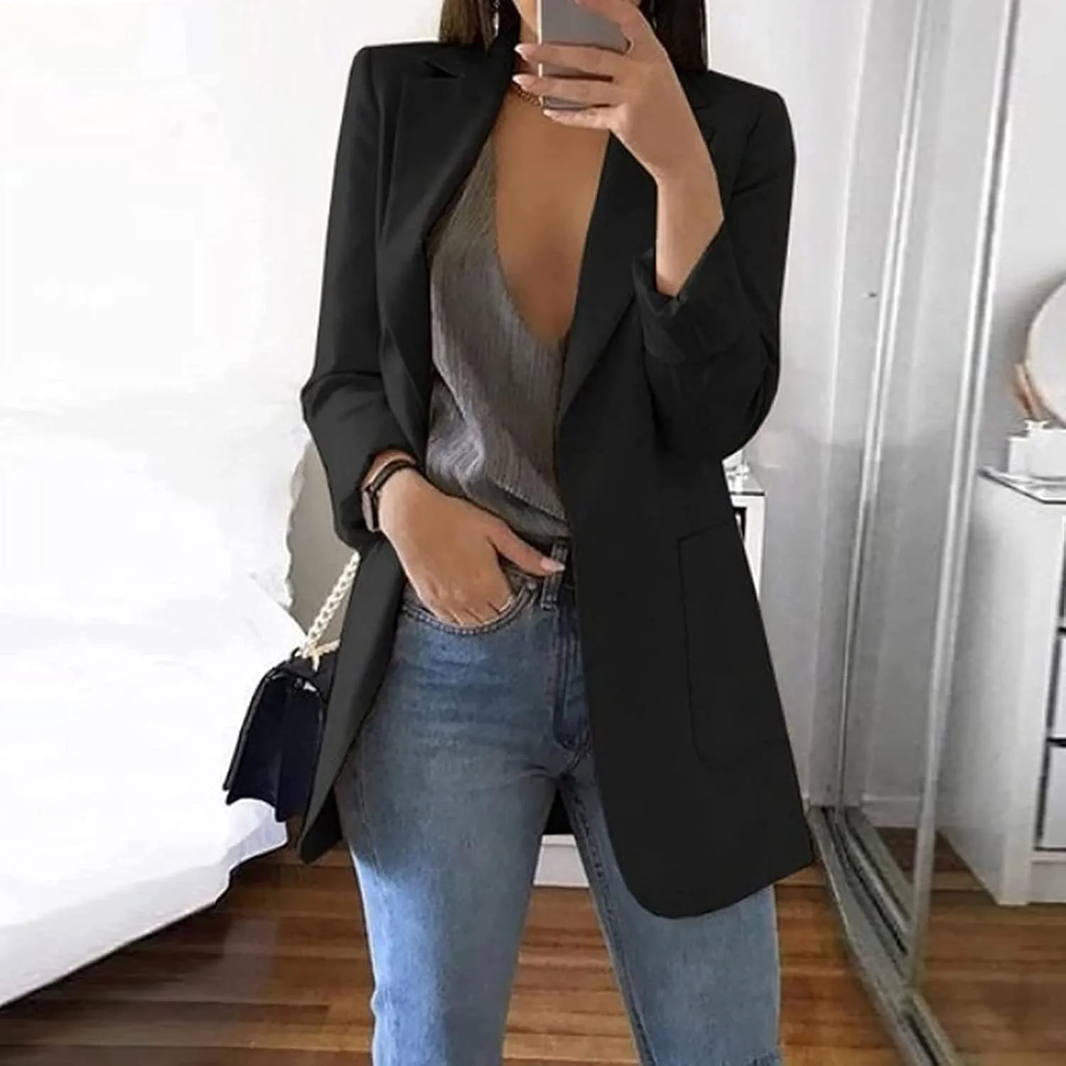 Womens Blazers Dressy Casual 2024 Spring Summer Work Office Jackets Long Sleeve Lapel Open Front Blazer with Pockets
