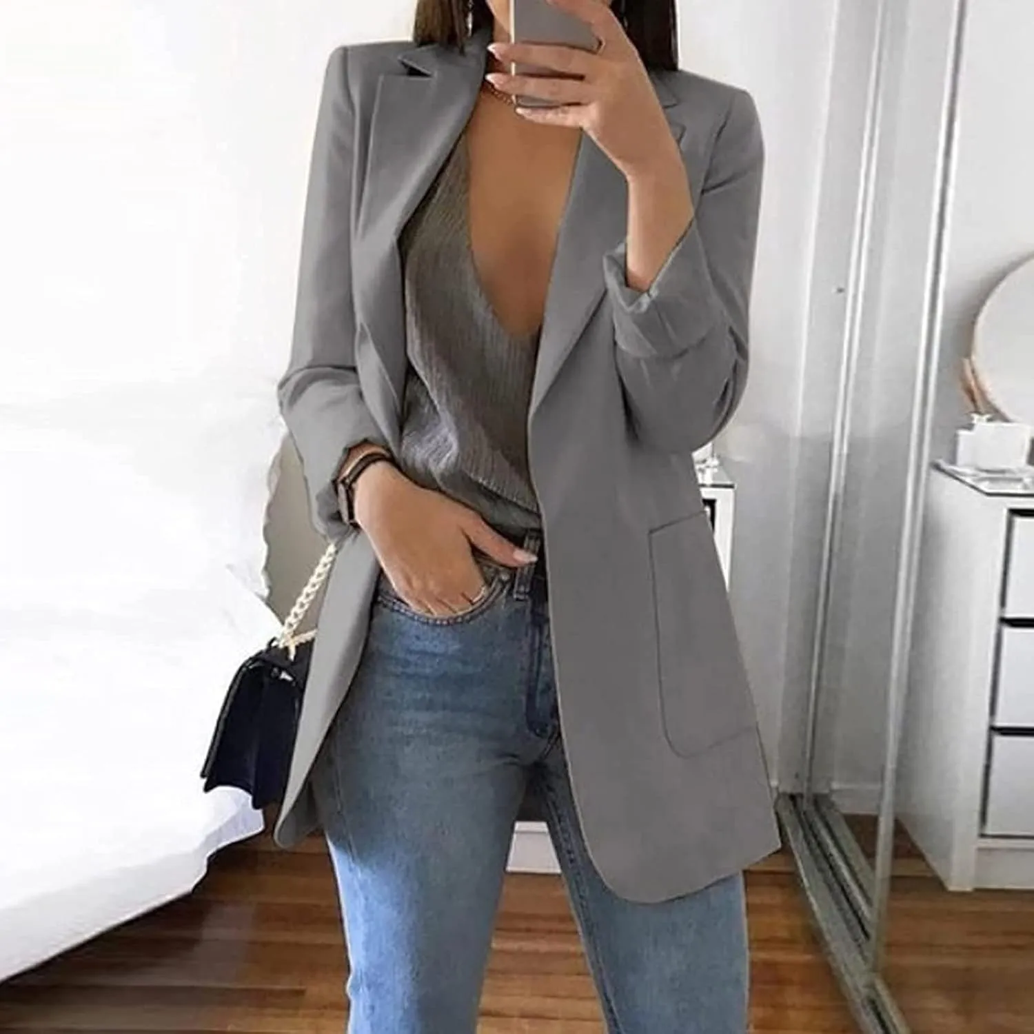Womens Blazers Dressy Casual 2024 Spring Summer Work Office Jackets Long Sleeve Lapel Open Front Blazer with Pockets