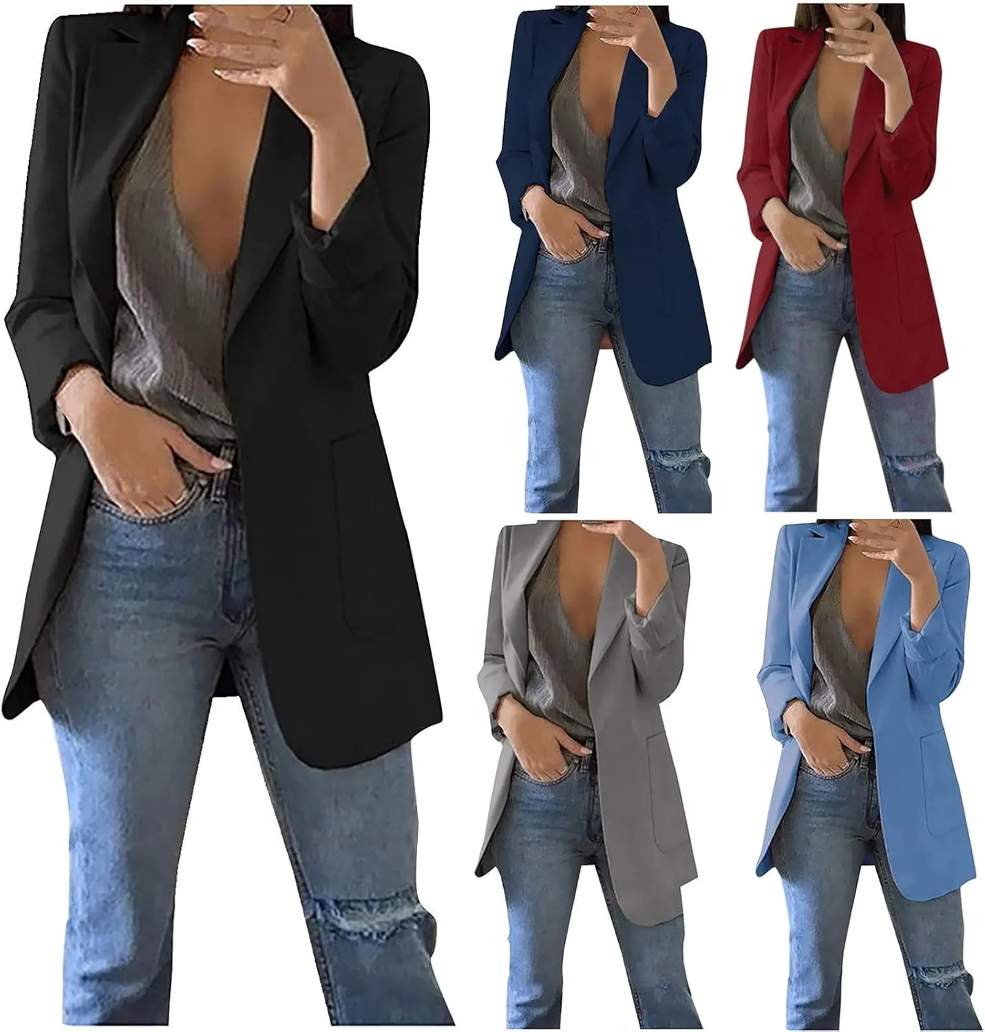 Womens Blazers Dressy Casual 2024 Spring Summer Work Office Jackets Long Sleeve Lapel Open Front Blazer with Pockets