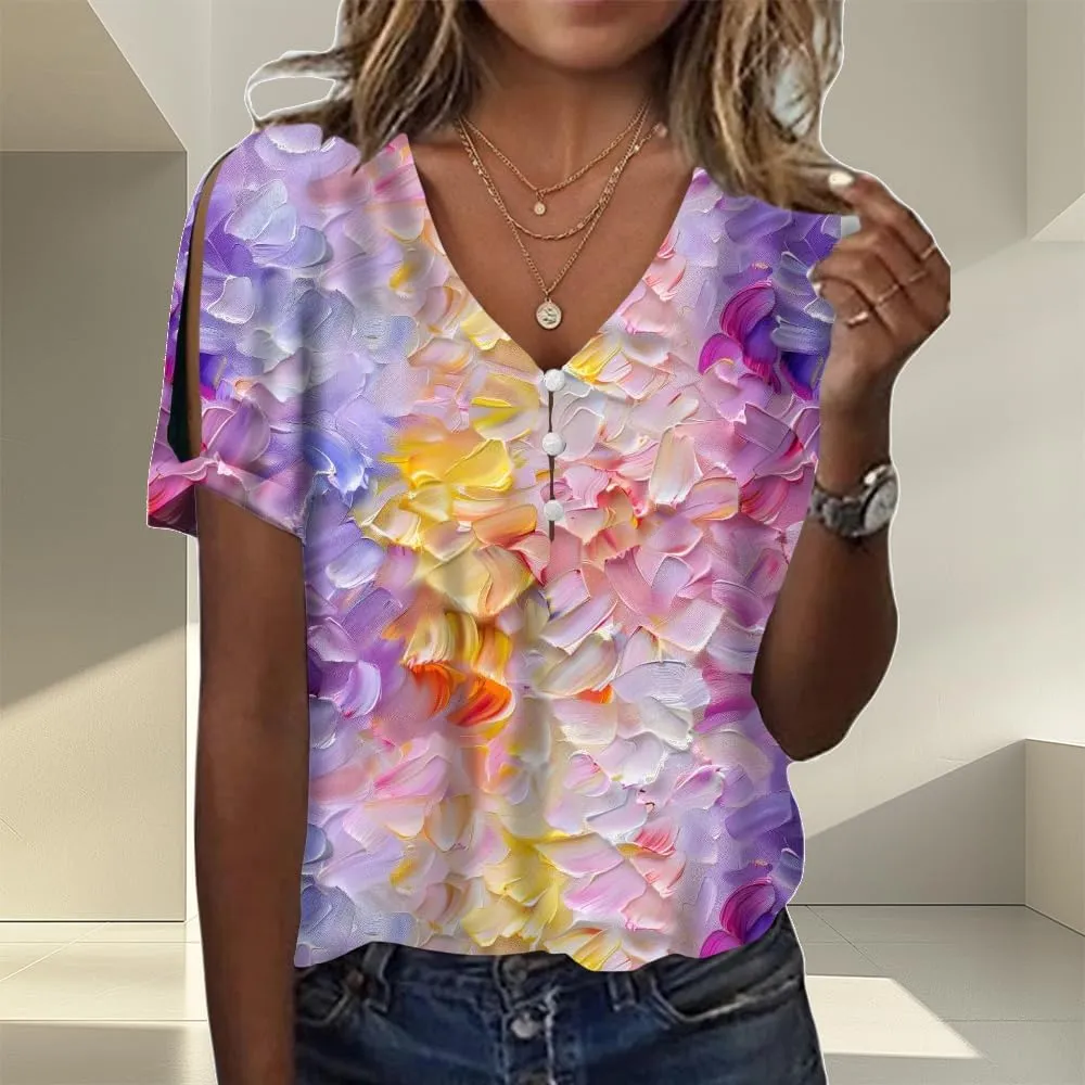 Women's Boho Floral Shirts Short Sleeve Cold Shoulder Tops Summer V-Neck Blouses Ladies Tunic Tops