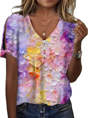 Women's Boho Floral Shirts Short Sleeve Cold Shoulder Tops Summer V-Neck Blouses Ladies Tunic Tops