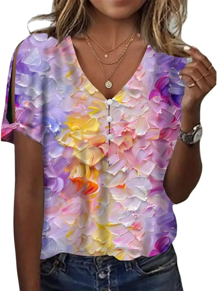 Women's Boho Floral Shirts Short Sleeve Cold Shoulder Tops Summer V-Neck Blouses Ladies Tunic Tops