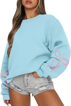 Women's Bow Print Hoodies 2025 Spring Trendy Long Sleeve Sweatshirts Cute Preppy Clothes Casual Graphic Pullover Tops