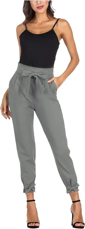 Womens Business Casual Pants High Waist Pencil Pants Bow-Knot Drawstring Office Work Ankle Trousers with Pockets