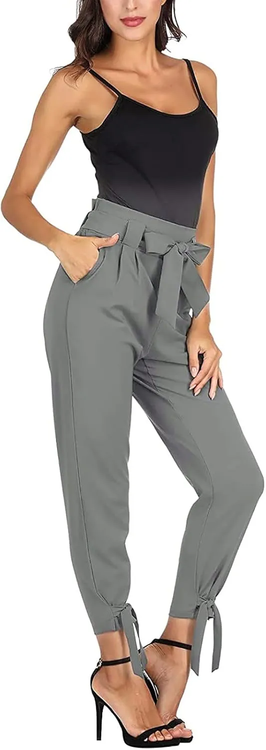 Womens Business Casual Pants High Waist Pencil Pants Bow-Knot Drawstring Office Work Ankle Trousers with Pockets