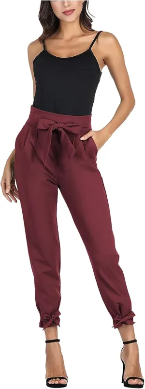 Womens Business Casual Pants High Waist Pencil Pants Bow-Knot Drawstring Office Work Ankle Trousers with Pockets