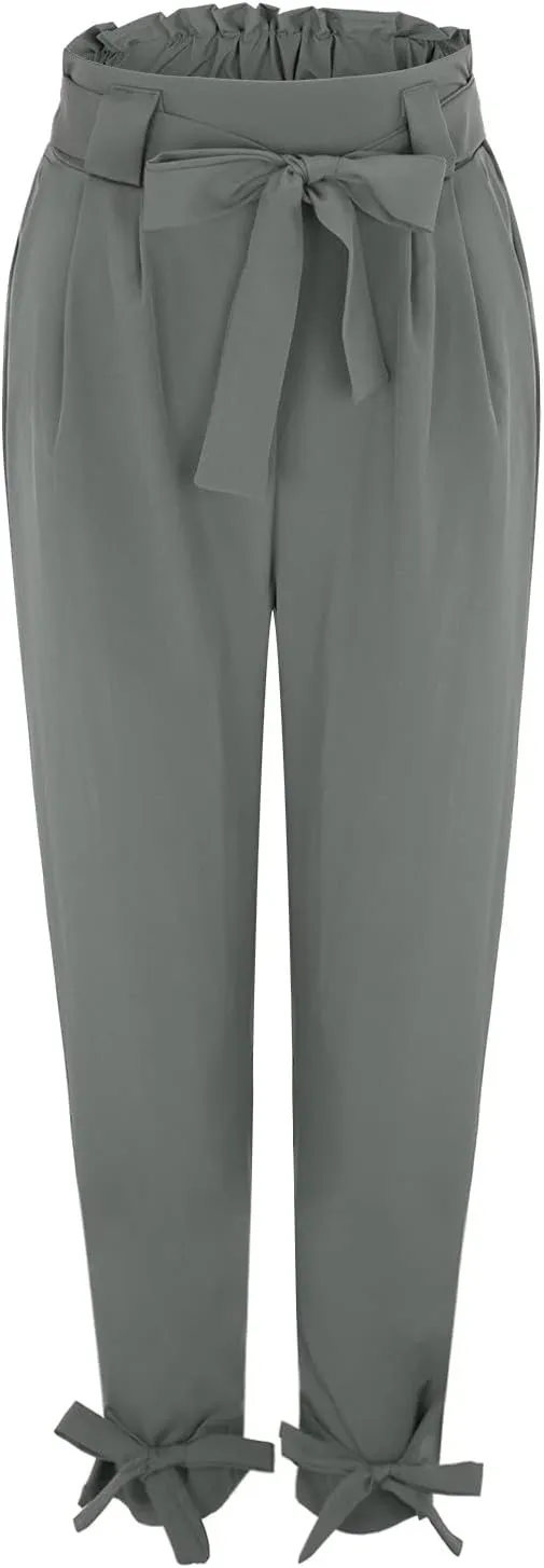 Womens Business Casual Pants High Waist Pencil Pants Bow-Knot Drawstring Office Work Ankle Trousers with Pockets