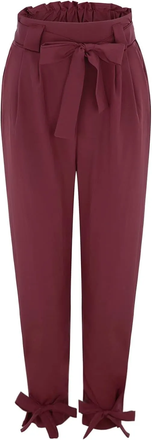 Womens Business Casual Pants High Waist Pencil Pants Bow-Knot Drawstring Office Work Ankle Trousers with Pockets