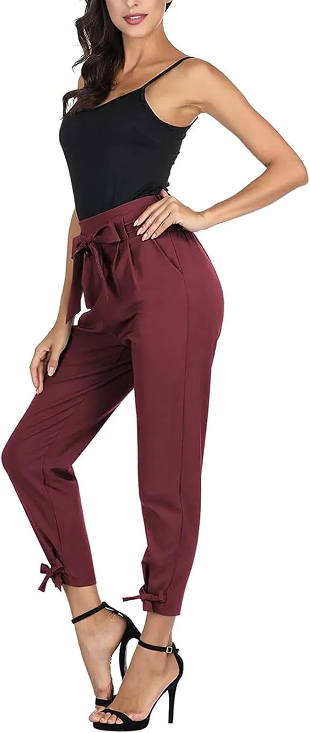 Womens Business Casual Pants High Waist Pencil Pants Bow-Knot Drawstring Office Work Ankle Trousers with Pockets