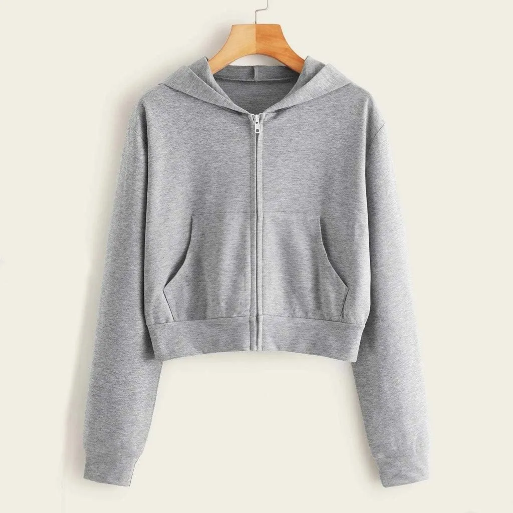 Women's Casual Drawstring Zip Up Hoodies Cute Workout Long Sleeve Crop Tops Trendy Lightweight Pockets Sweatshirts