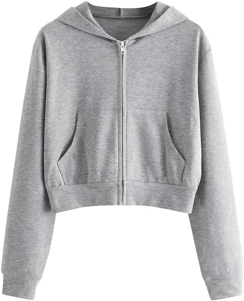 Women's Casual Drawstring Zip Up Hoodies Cute Workout Long Sleeve Crop Tops Trendy Lightweight Pockets Sweatshirts