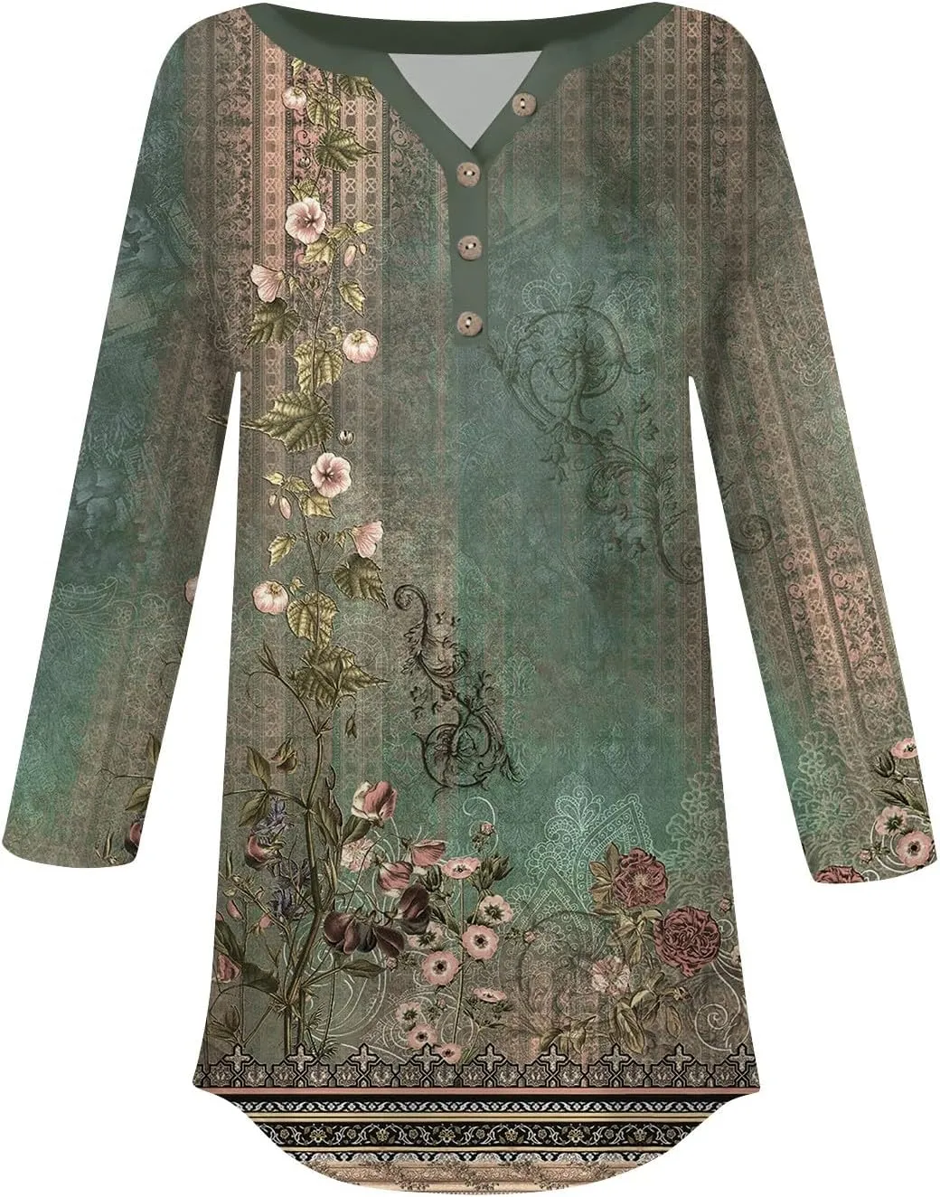 Women's Casual Floral Print Henley Blouse with 3/4 Sleeves, Button Front Loose Fit for Spring and Summer