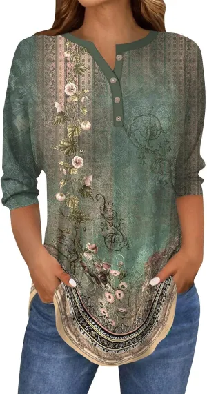 Women's Casual Floral Print Henley Blouse with 3/4 Sleeves, Button Front Loose Fit for Spring and Summer