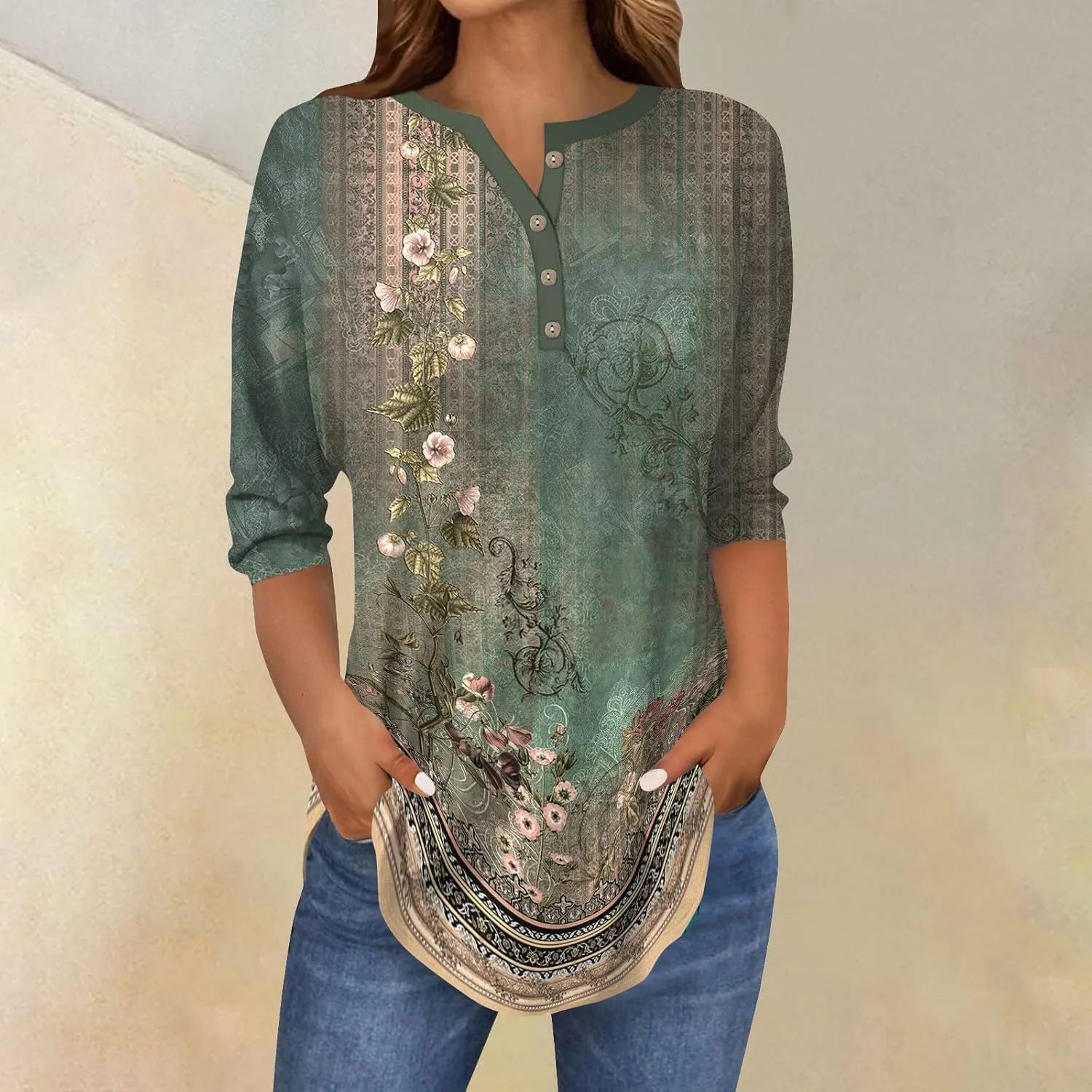 Women's Casual Floral Print Henley Blouse with 3/4 Sleeves, Button Front Loose Fit for Spring and Summer