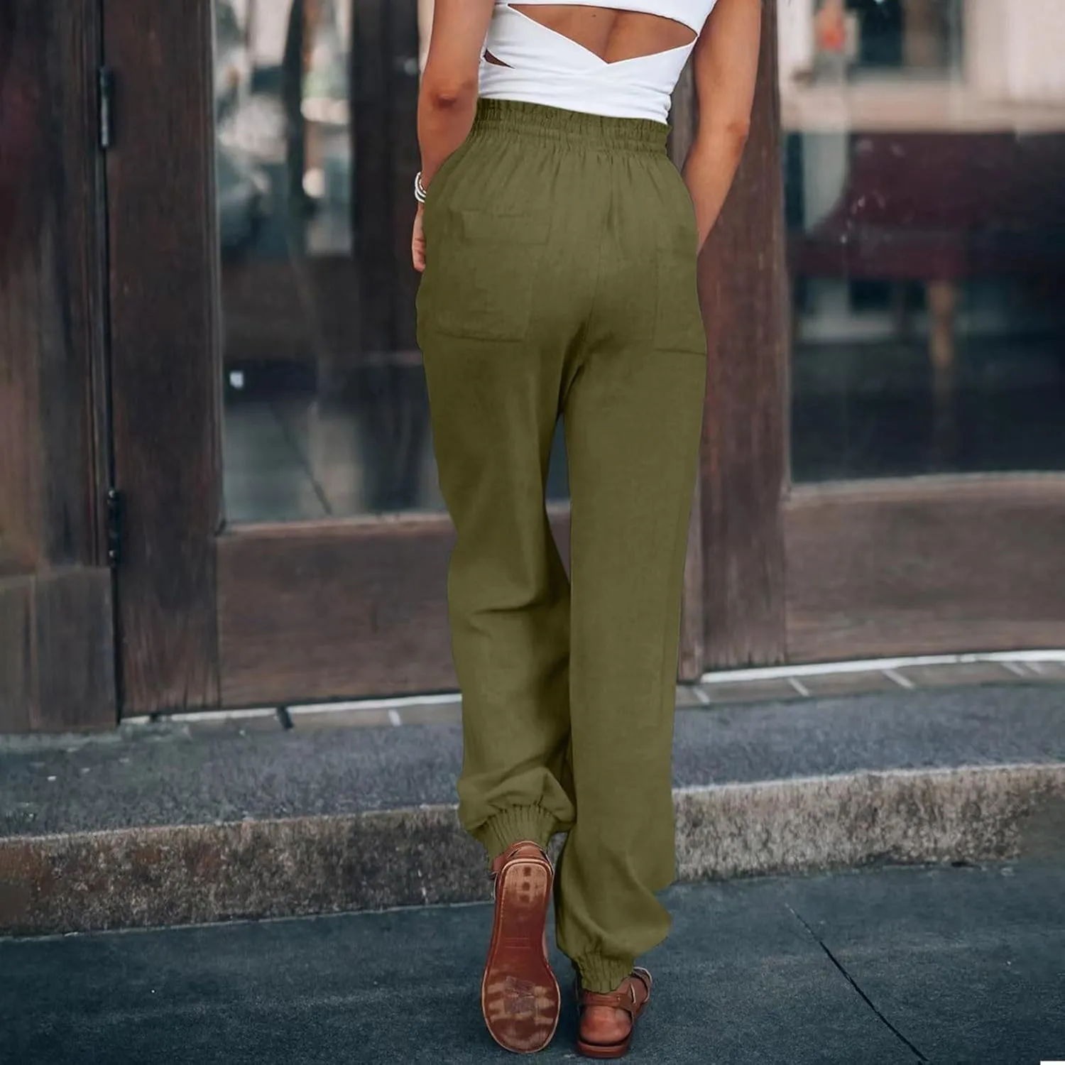 Women's Casual Lantern Harem Loose Capris Pants High Waisted Drawstring Fashion Lounge Slacks Trousers with Pockets