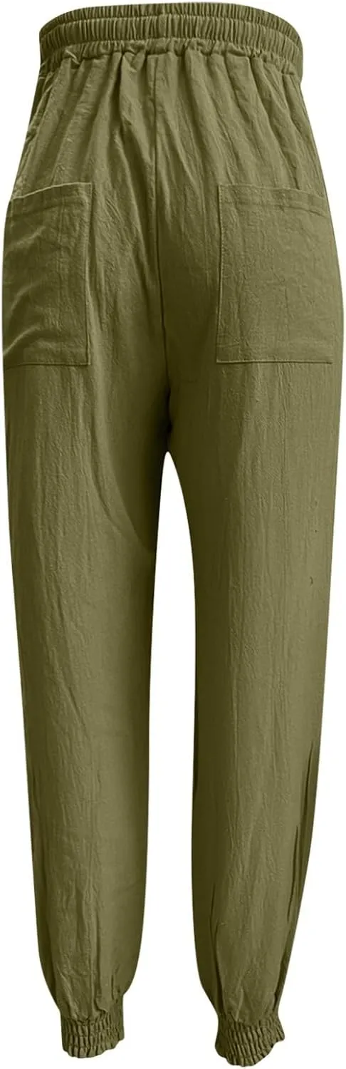 Women's Casual Lantern Harem Loose Capris Pants High Waisted Drawstring Fashion Lounge Slacks Trousers with Pockets