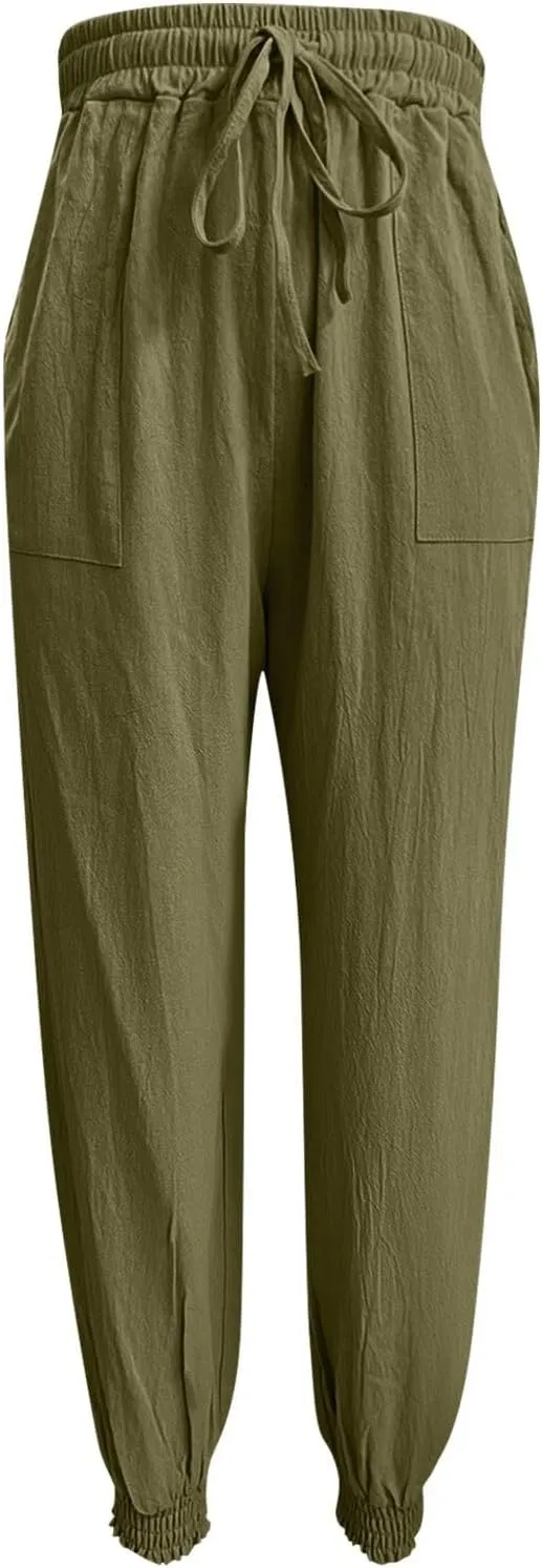 Women's Casual Lantern Harem Loose Capris Pants High Waisted Drawstring Fashion Lounge Slacks Trousers with Pockets