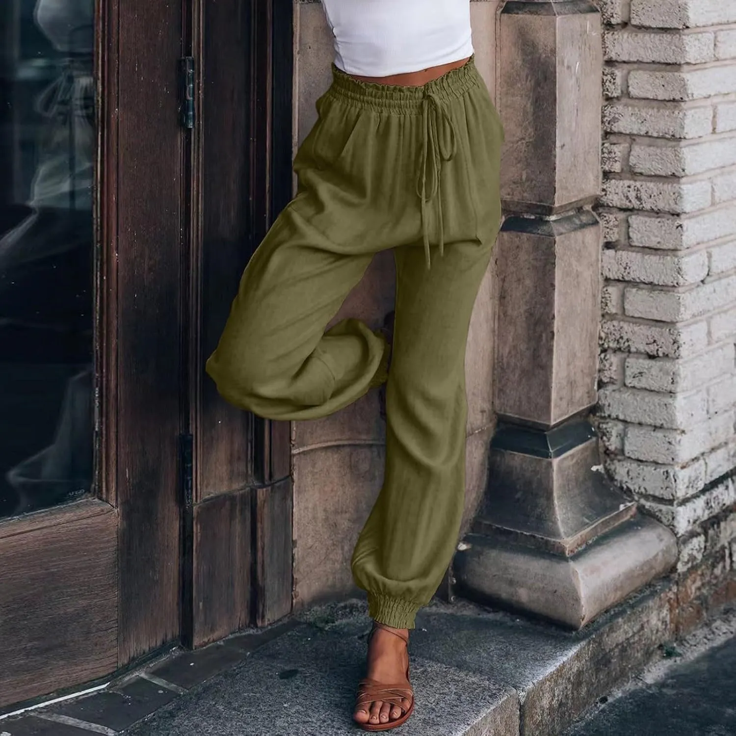 Women's Casual Lantern Harem Loose Capris Pants High Waisted Drawstring Fashion Lounge Slacks Trousers with Pockets