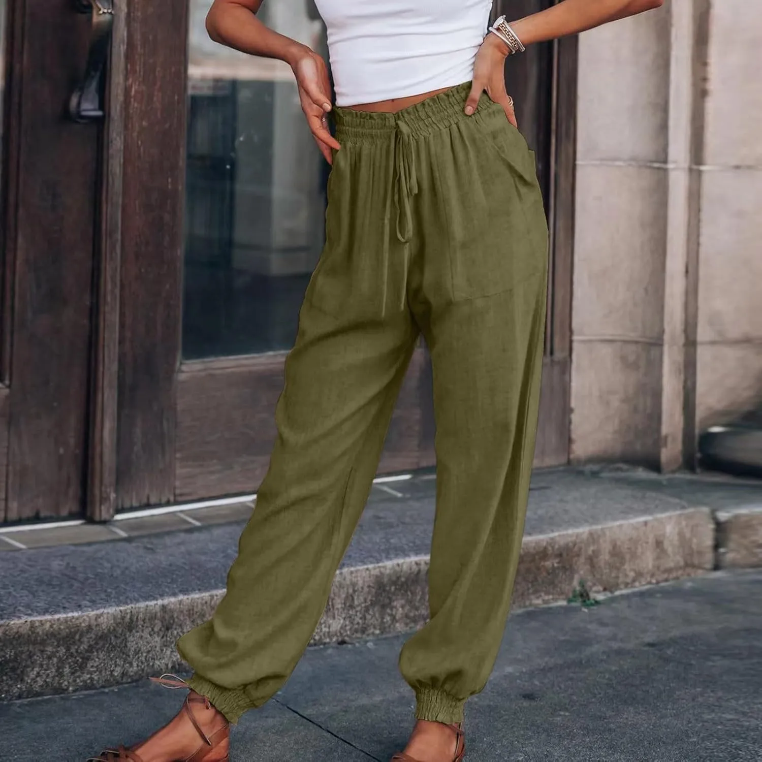 Women's Casual Lantern Harem Loose Capris Pants High Waisted Drawstring Fashion Lounge Slacks Trousers with Pockets
