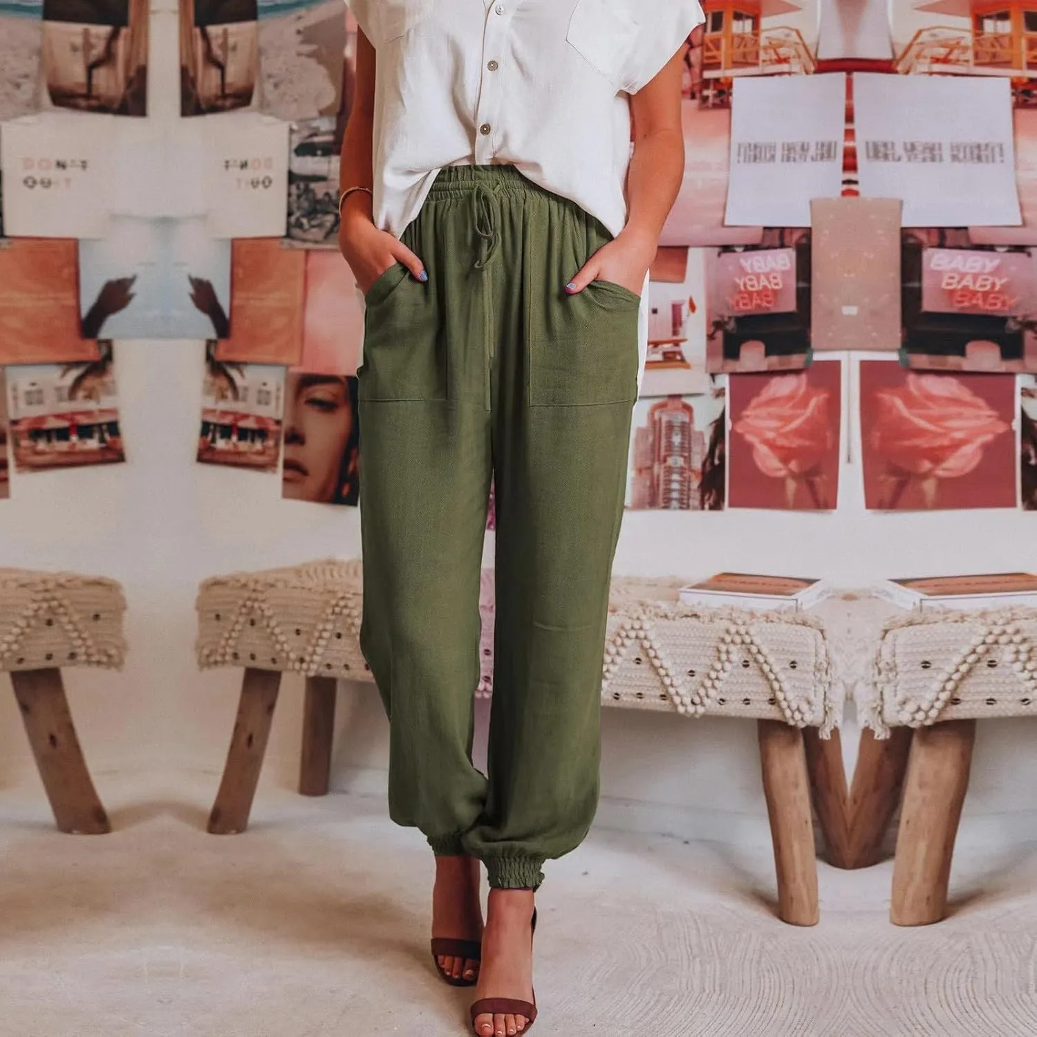 Women's Casual Lantern Harem Loose Capris Pants High Waisted Drawstring Fashion Lounge Slacks Trousers with Pockets