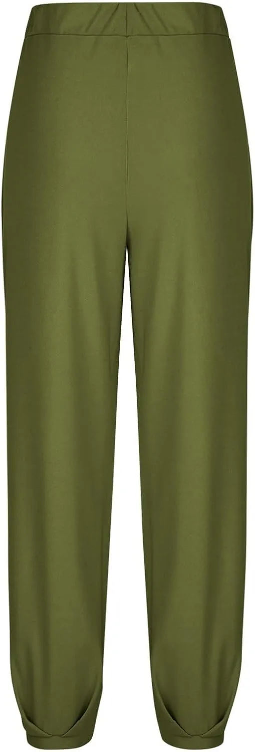 Women's Casual Lantern Tapered Harem Pants Flowy Beach Linen Drawstring Waist Wide Leg Palazzo Pants with Pockets