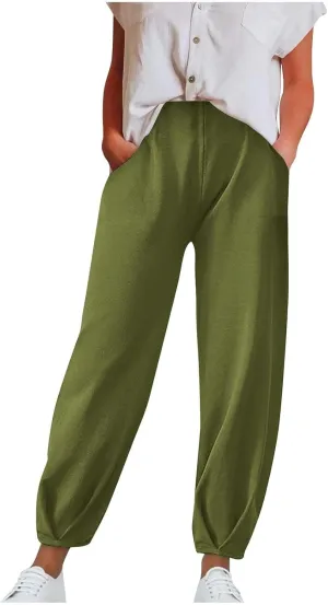 Women's Casual Lantern Tapered Harem Pants Flowy Beach Linen Drawstring Waist Wide Leg Palazzo Pants with Pockets