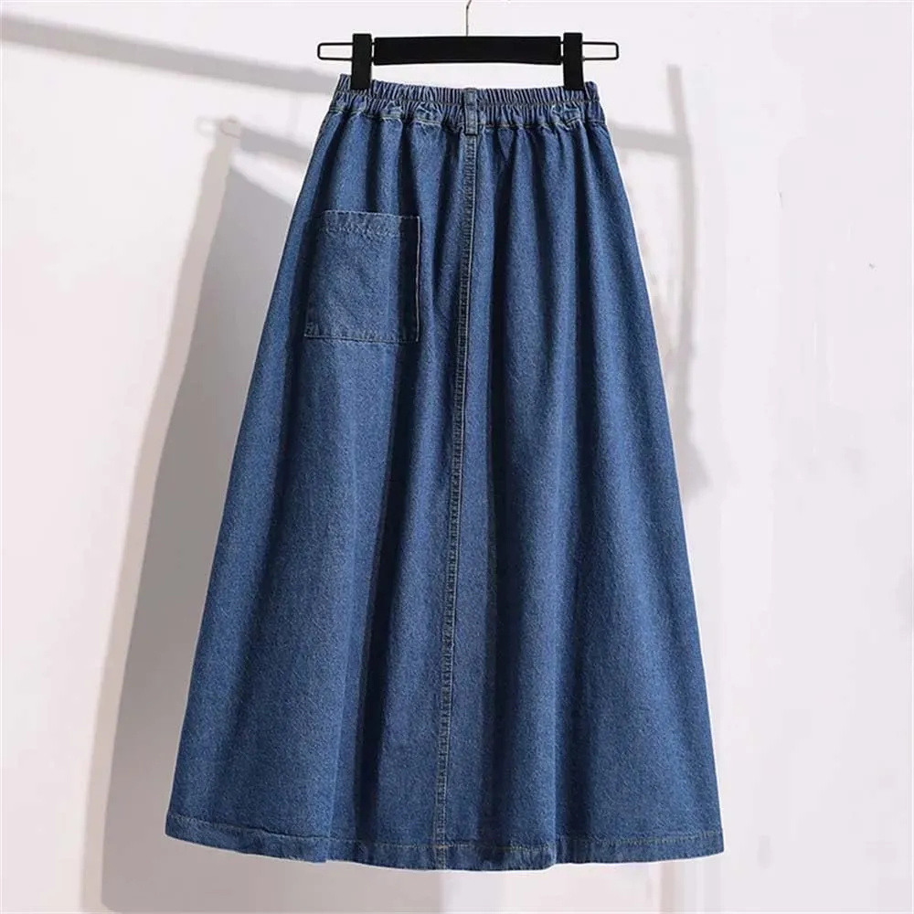 Women's Casual Vintage Denim Midi Skirt Summer High Waist A-Line Pleated Jeans Skirts