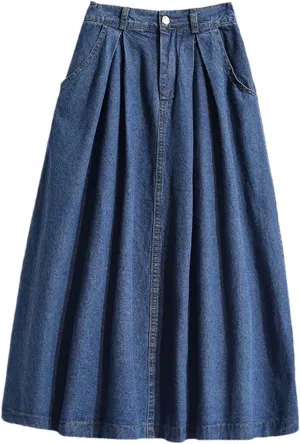 Women's Casual Vintage Denim Midi Skirt Summer High Waist A-Line Pleated Jeans Skirts
