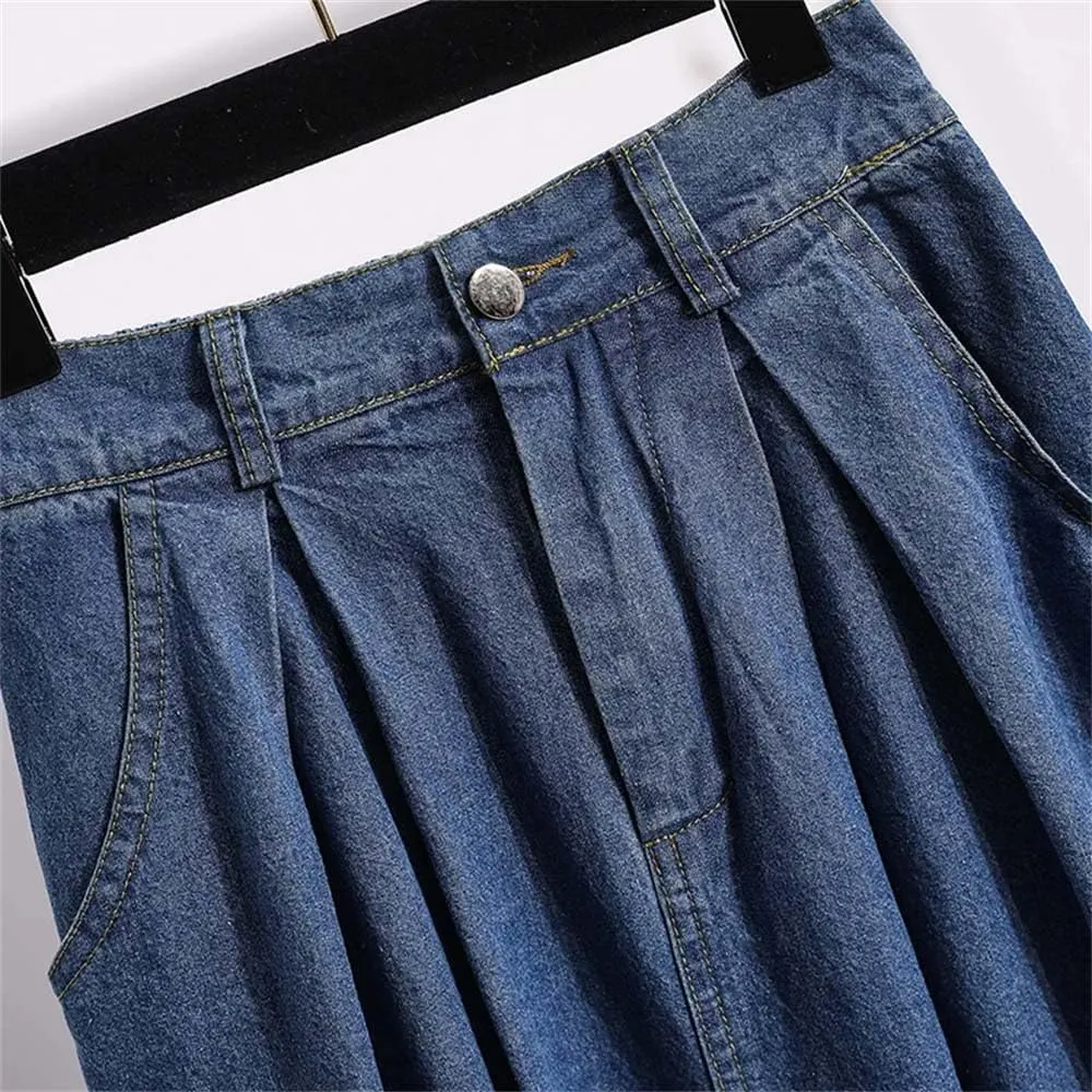 Women's Casual Vintage Denim Midi Skirt Summer High Waist A-Line Pleated Jeans Skirts