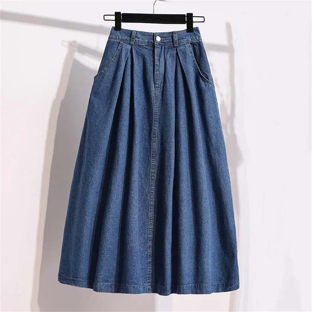 Women's Casual Vintage Denim Midi Skirt Summer High Waist A-Line Pleated Jeans Skirts