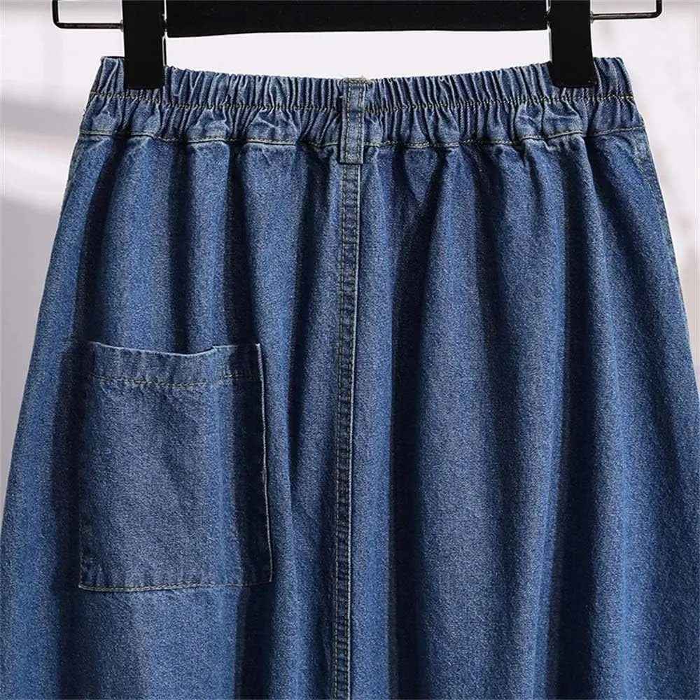 Women's Casual Vintage Denim Midi Skirt Summer High Waist A-Line Pleated Jeans Skirts
