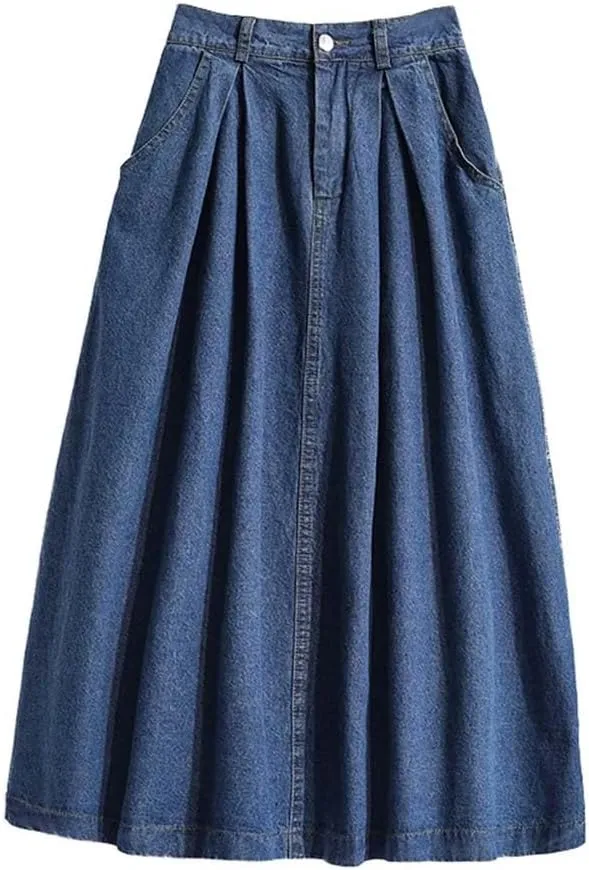 Women's Casual Vintage Denim Midi Skirt Summer High Waist A-Line Pleated Jeans Skirts