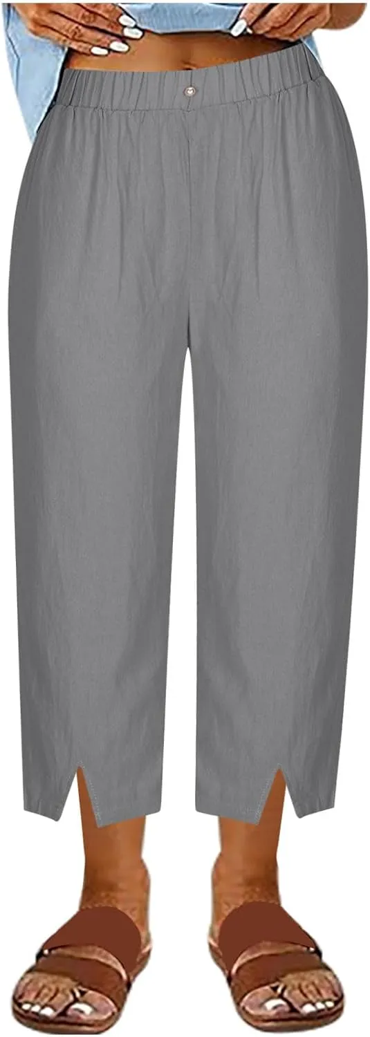 Women's Cotton Linen Capri Pants with Pockets Lightweight Travel Hiking Summer Pant Casual Straight Leg Sweatpants