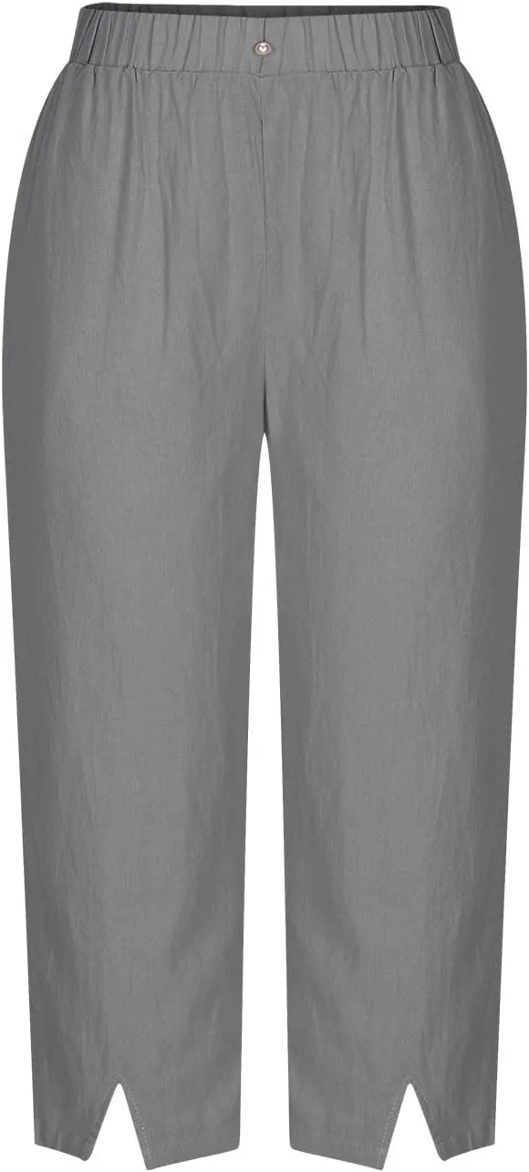 Women's Cotton Linen Capri Pants with Pockets Lightweight Travel Hiking Summer Pant Casual Straight Leg Sweatpants