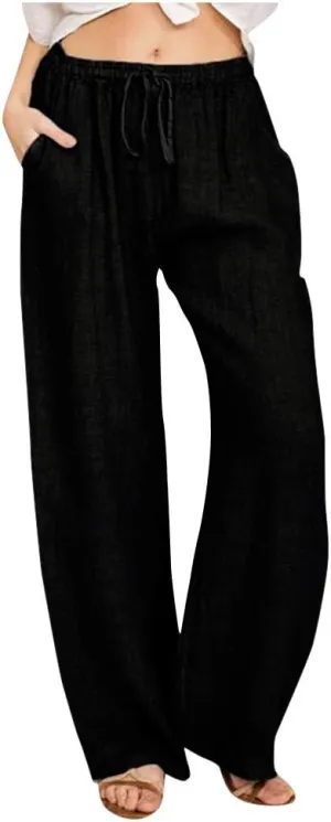 Women's Cotton Linen Palazzo Pants Wide Leg Beach Pants Summer Lightweight Pants Plus Size Lounge Pants with Pockets