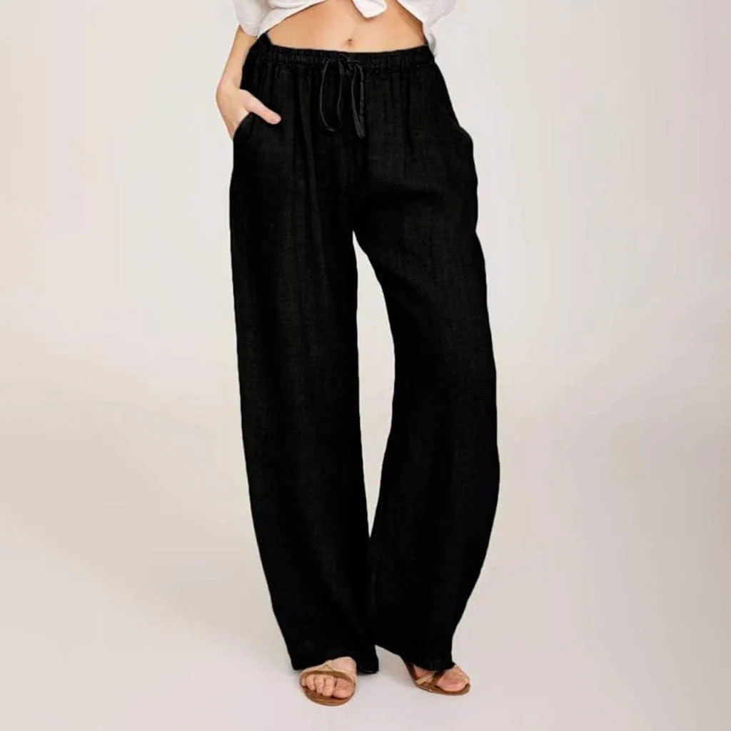 Women's Cotton Linen Palazzo Pants Wide Leg Beach Pants Summer Lightweight Pants Plus Size Lounge Pants with Pockets