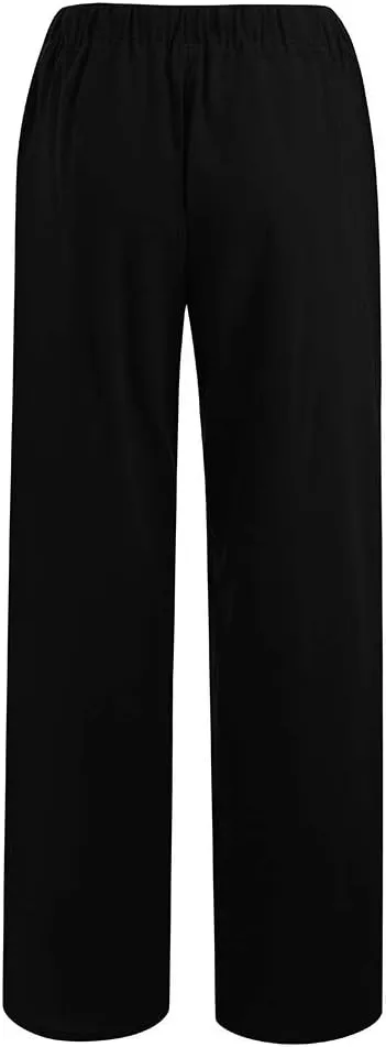 Women's Cotton Linen Palazzo Pants Wide Leg Beach Pants Summer Lightweight Pants Plus Size Lounge Pants with Pockets