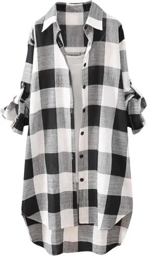Womens Cotton Long Sleeve Plaid Jacket Fall Oversized Lightweight Coat Casual Loose High Low Button Down Tunic Shirts