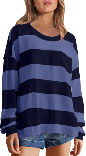 Women's Crewneck Sweatshirts Loose Fitting Casual Sweater Shirt Color Blocking Blouses Long Sleeve Tops