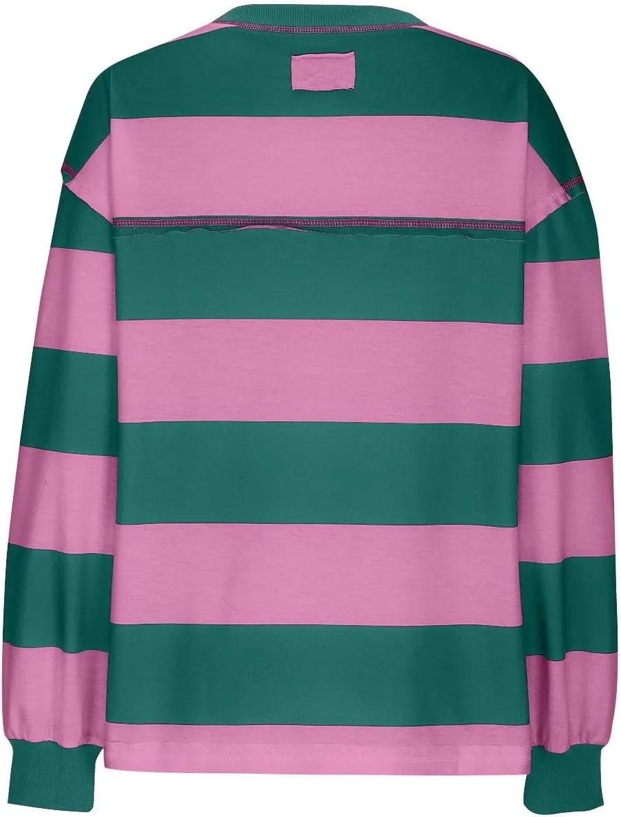 Women's Crewneck Sweatshirts Loose Fitting Casual Sweater Shirt Color Blocking Blouses Long Sleeve Tops