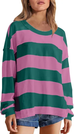 Women's Crewneck Sweatshirts Loose Fitting Casual Sweater Shirt Color Blocking Blouses Long Sleeve Tops