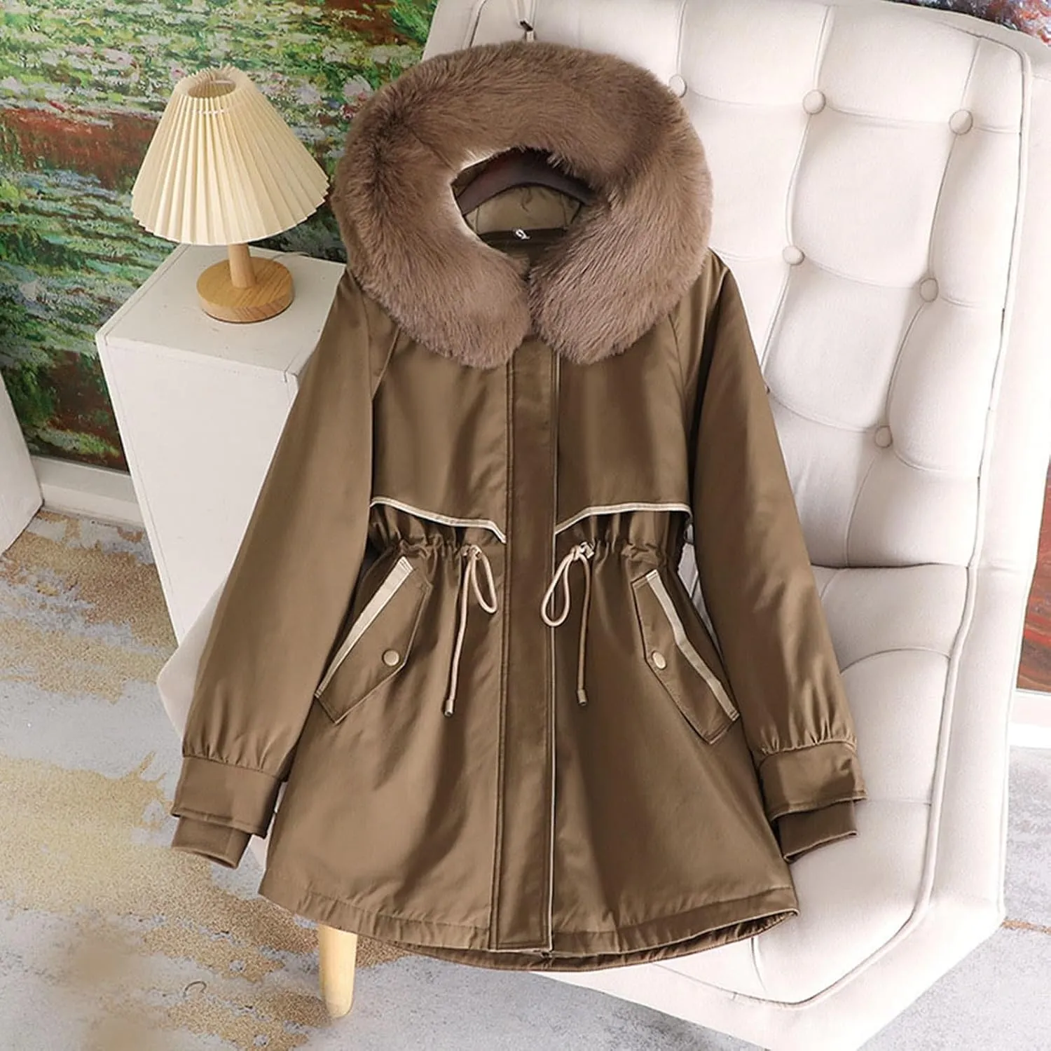 Womens Down Jacket Lightweight Quilted Jacket with Detachable Liner Pile Collar Mid Length Winter Puffer Coat Pocket